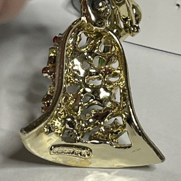 VTG Gerry's Christmas Holiday Bell Gold Tone Red Green Movable Bow Brooch Pin 2" - Picture 6 of 15